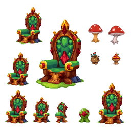 A pixel art spritesheet featuring a throne shaped like a mushroom (seta) with vibrant colors and intricate details
