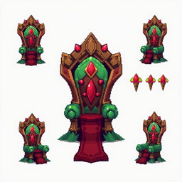 A pixel art spritesheet featuring a throne shaped like a mushroom (seta) with vibrant colors and intricate details