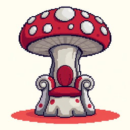 A whimsical mushroom-shaped throne, designed in a pixel art style