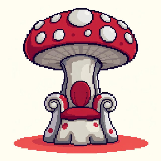 A whimsical mushroom-shaped throne, designed in a pixel art style