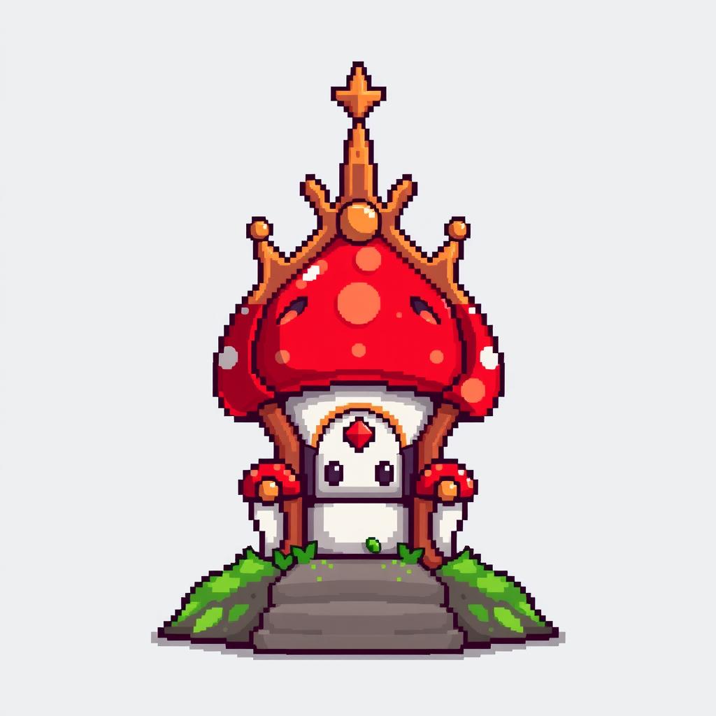 A whimsical mushroom-shaped throne, designed in a pixel art style
