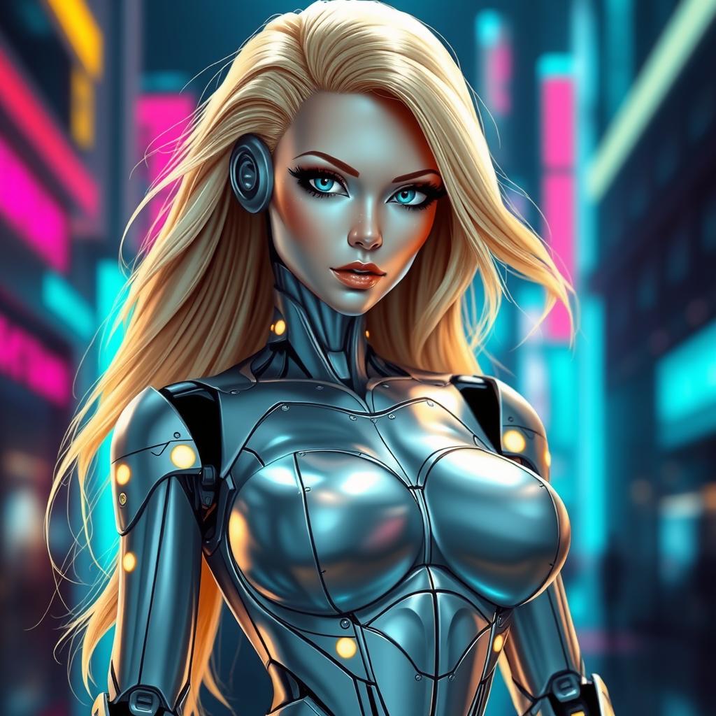 A stunning and voluptuous blonde female robot, portrayed in a futuristic setting