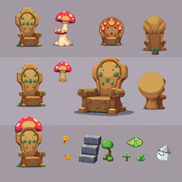 A pixel art spritesheet featuring a throne designed in the shape of a mushroom