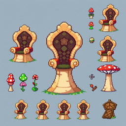 A pixel art spritesheet featuring a throne designed in the shape of a mushroom