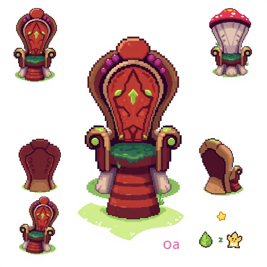 A pixel art spritesheet featuring a throne designed in the shape of a mushroom