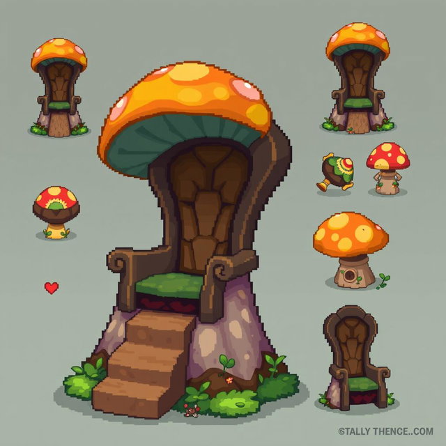 A pixel art spritesheet featuring a throne designed in the shape of a mushroom