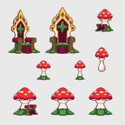A pixel art spritesheet featuring a throne designed in the shape of a mushroom (seta)
