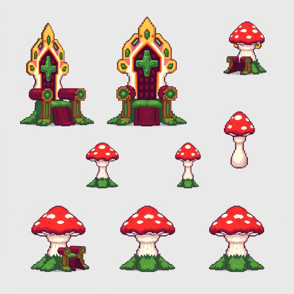 A pixel art spritesheet featuring a throne designed in the shape of a mushroom (seta)