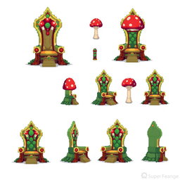A pixel art spritesheet featuring a throne designed in the shape of a mushroom (seta)