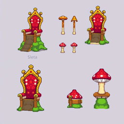 A pixel art spritesheet featuring a throne designed in the shape of a mushroom (seta)
