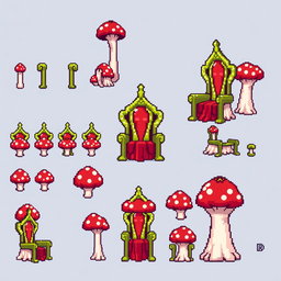 A pixel art spritesheet featuring a throne designed in the shape of a mushroom (seta)