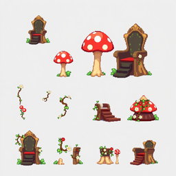 A detailed pixel art spritesheet showcasing a throne designed in the shape of a mushroom