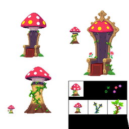 A detailed pixel art spritesheet showcasing a throne designed in the shape of a mushroom