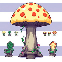 A detailed pixel art spritesheet showcasing a throne designed in the shape of a mushroom