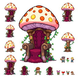 A detailed pixel art spritesheet showcasing a throne designed in the shape of a mushroom