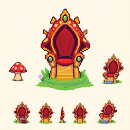 A pixel art spritesheet featuring a throne designed in the shape of a mushroom (seta)