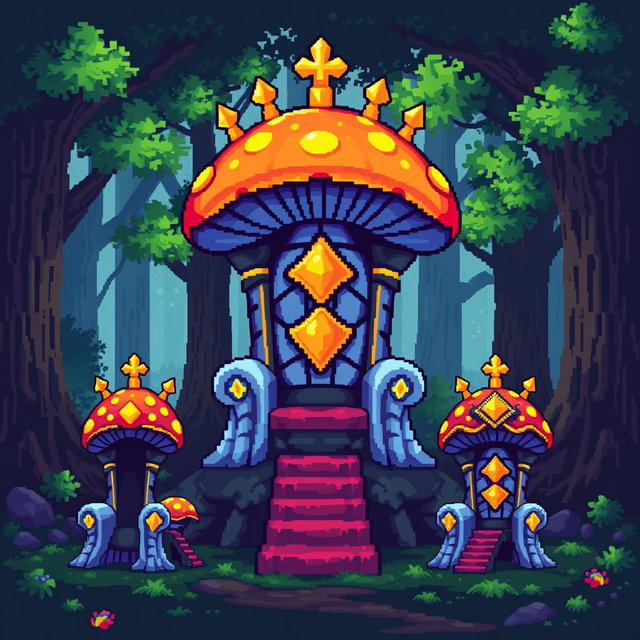 A pixel art spritesheet featuring a throne designed in the shape of a mushroom (seta)