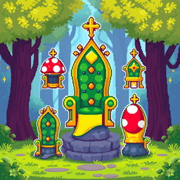 A pixel art spritesheet featuring a throne designed in the shape of a mushroom (seta)