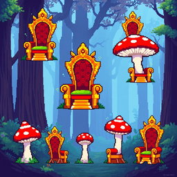 A pixel art spritesheet featuring a throne designed in the shape of a mushroom (seta)