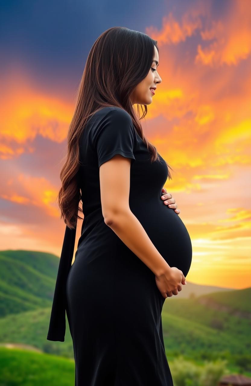 A beautiful sunset sky with vibrant colors and lush green hills in the background, featuring a profile view of a woman