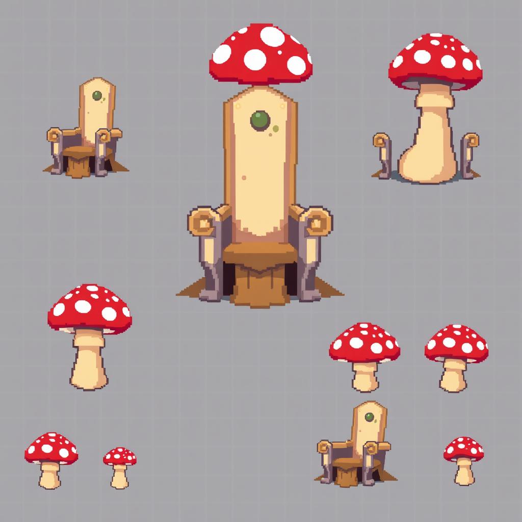 A pixel art spritesheet featuring a throne designed to resemble a mushroom