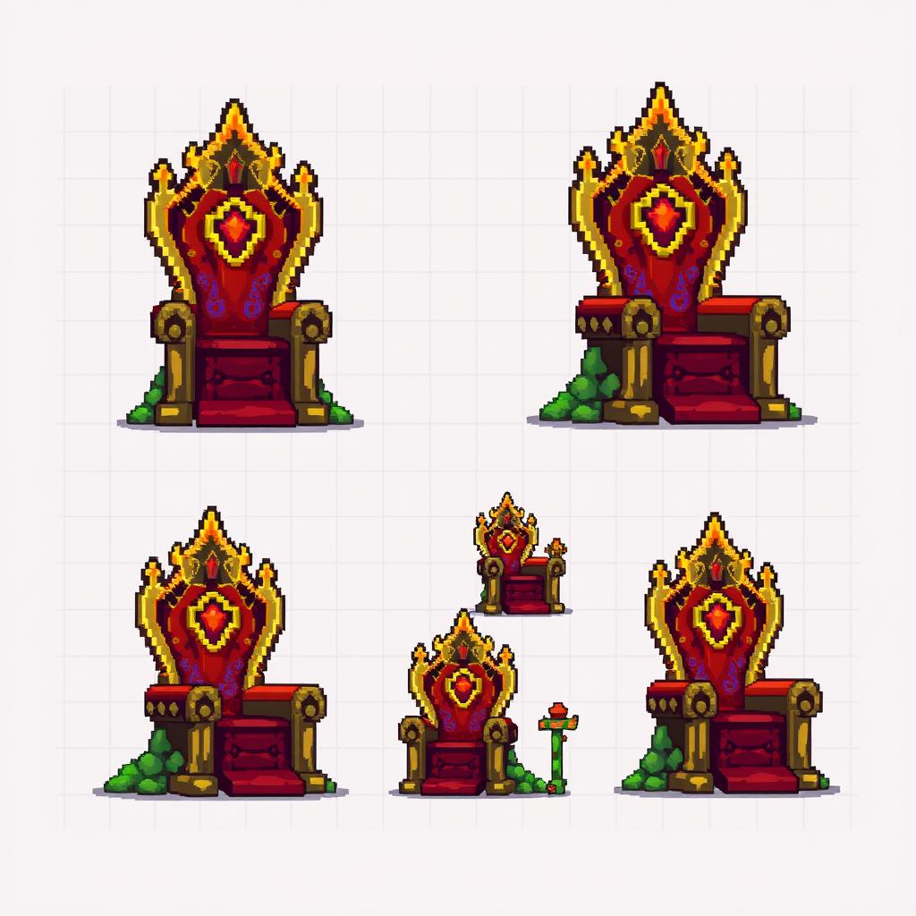 A pixel art spritesheet featuring a throne designed in the shape of a mushroom (forma de seta), capturing the essence of fantasy style