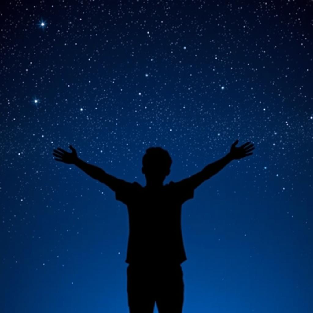 A simple silhouette of a person extending or opening their arms towards a starry sky