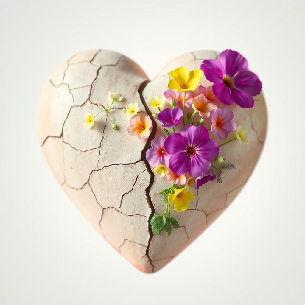 A beautifully cracked heart with delicate flowers blooming from the fissures, symbolizing the beauty that can arise from imperfection