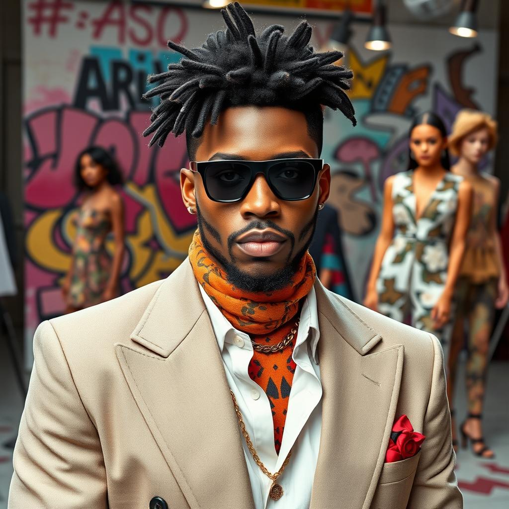 A stylish depiction of Qufiat Freemont, a renowned fashion designer known for his avant-garde and eclectic design philosophy