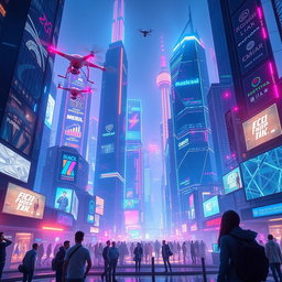 A futuristic digital empire, showcasing advanced technology and digital landscapes filled with neon lights, towering skyscrapers made of glass and steel, bustling with virtual activity