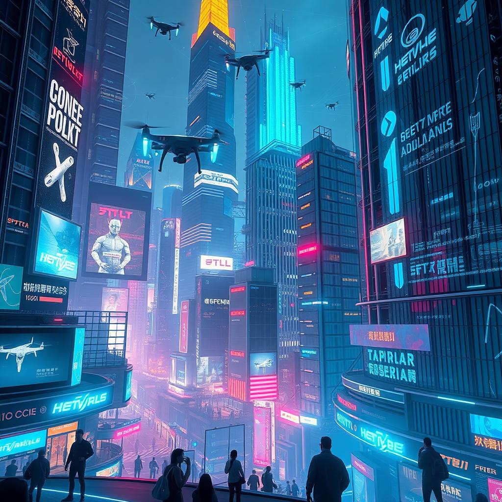 A futuristic digital empire, showcasing advanced technology and digital landscapes filled with neon lights, towering skyscrapers made of glass and steel, bustling with virtual activity