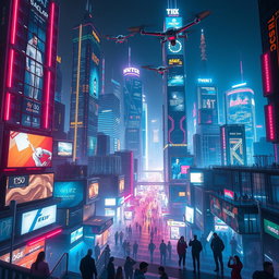 A futuristic digital empire, showcasing advanced technology and digital landscapes filled with neon lights, towering skyscrapers made of glass and steel, bustling with virtual activity
