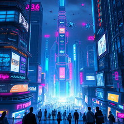 A futuristic digital empire, showcasing advanced technology and digital landscapes filled with neon lights, towering skyscrapers made of glass and steel, bustling with virtual activity