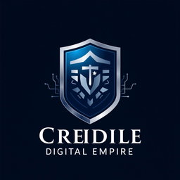 A sophisticated logo design for a credible digital empire brand, featuring a strong and elegant shield symbol that represents trust and security in the digital realm