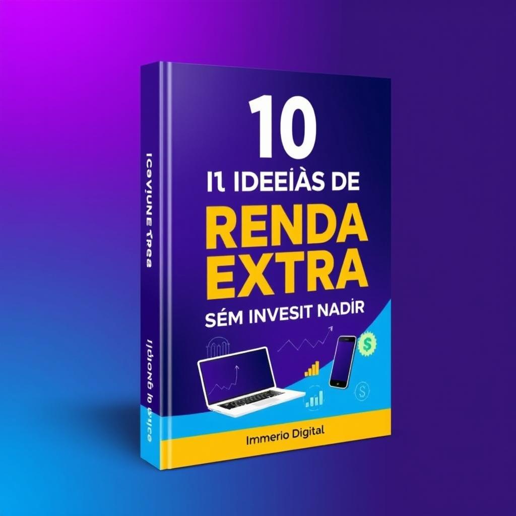 A modern e-book cover design featuring a digital theme, with the title "10 Ideias de Renda Extra Sem Investir Nada de Império Digital" prominently displayed in bold, eye-catching typography