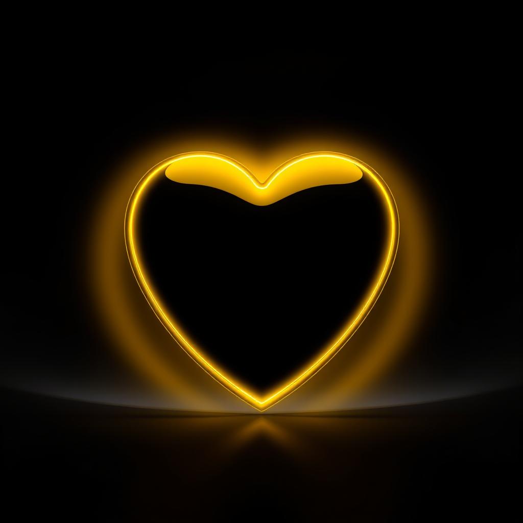 A striking visual composition featuring a sleek, all-black background that creates a dramatic contrast with a vibrant yellow heart-shaped mirror at the center