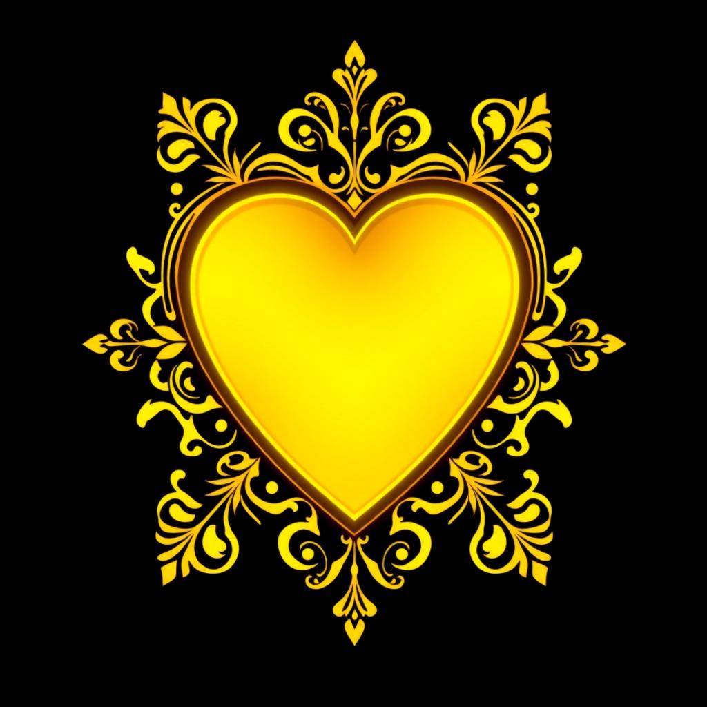 A strikingly beautiful design featuring an all-black background that emphasizes a central heart-shaped mirror, colored in a vivid yellow