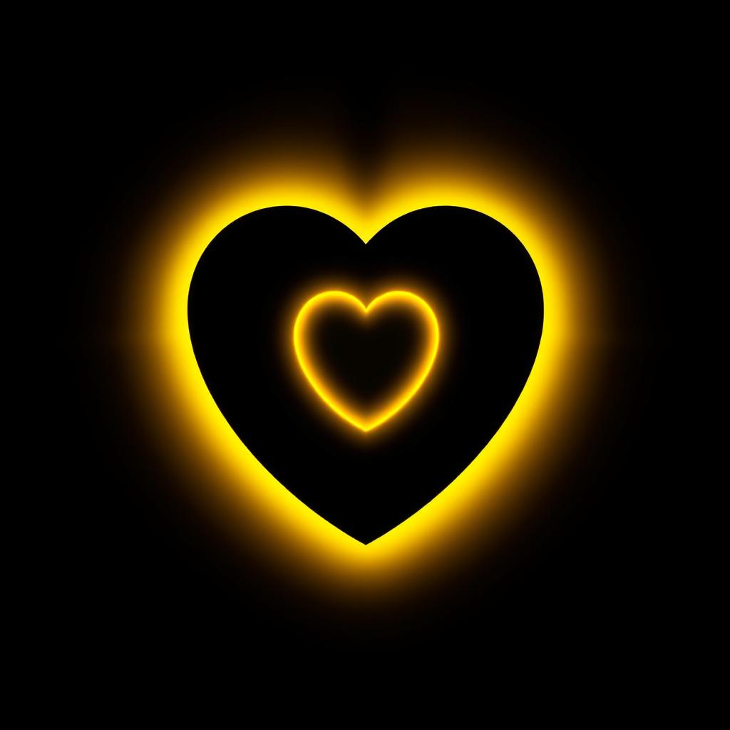 A stunning composition featuring an all-black background that highlights a central heart-shaped mirror, glowing in a vibrant yellow
