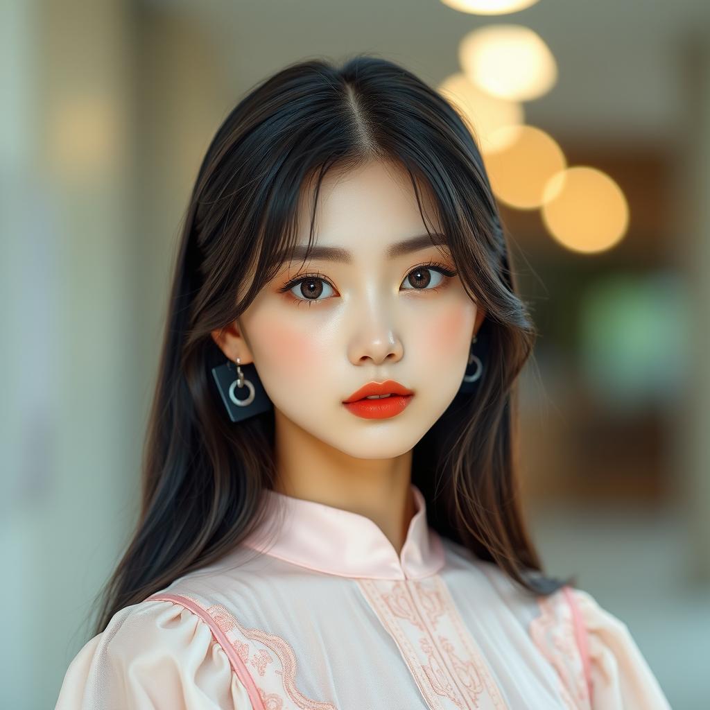 A stunning young woman with delicate features and an ethereal beauty inspired by Korean pop stars