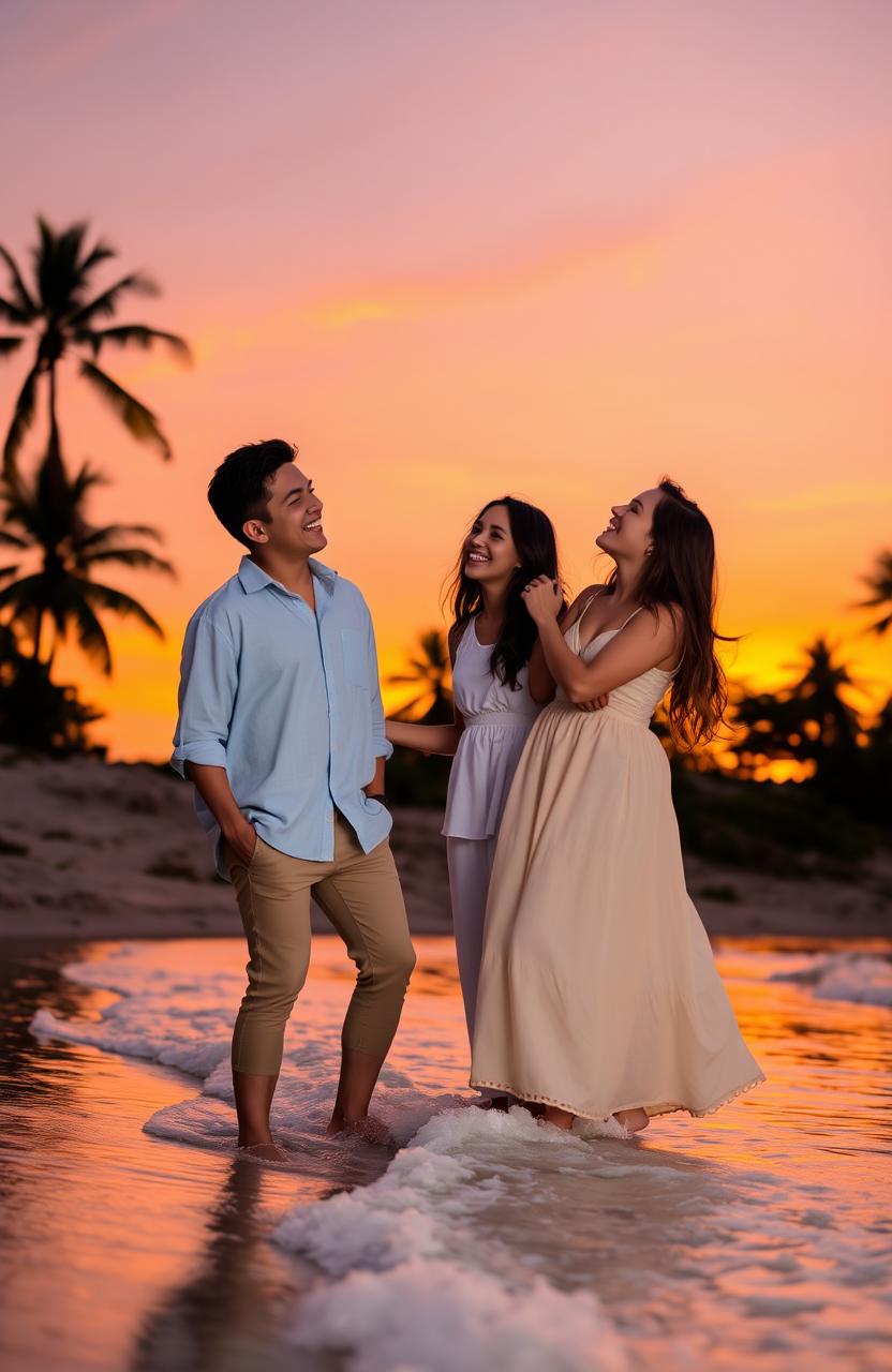 A beautiful sunset scene with two young men and one young woman sharing a moment together