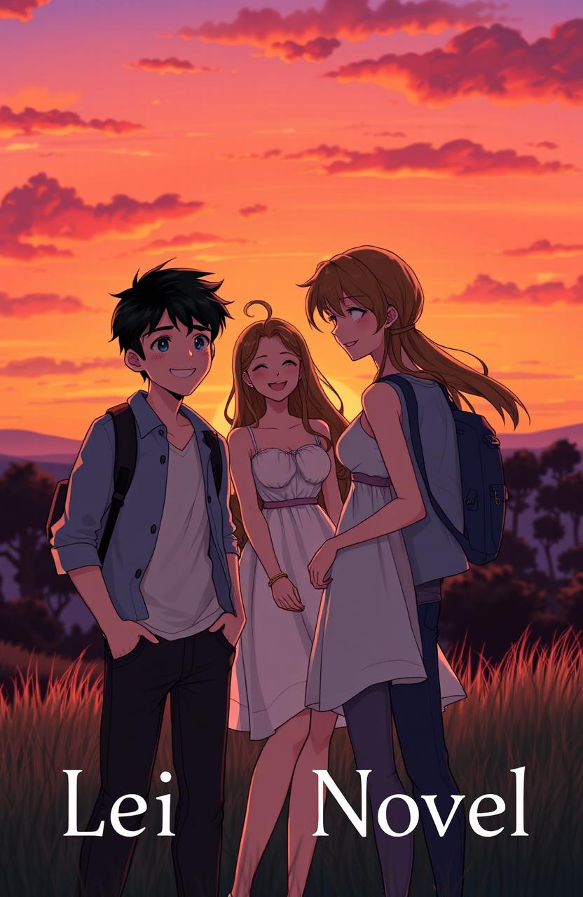 An animated scene at dusk featuring two young men and one young woman, creating a romantic and charming atmosphere for a novel cover