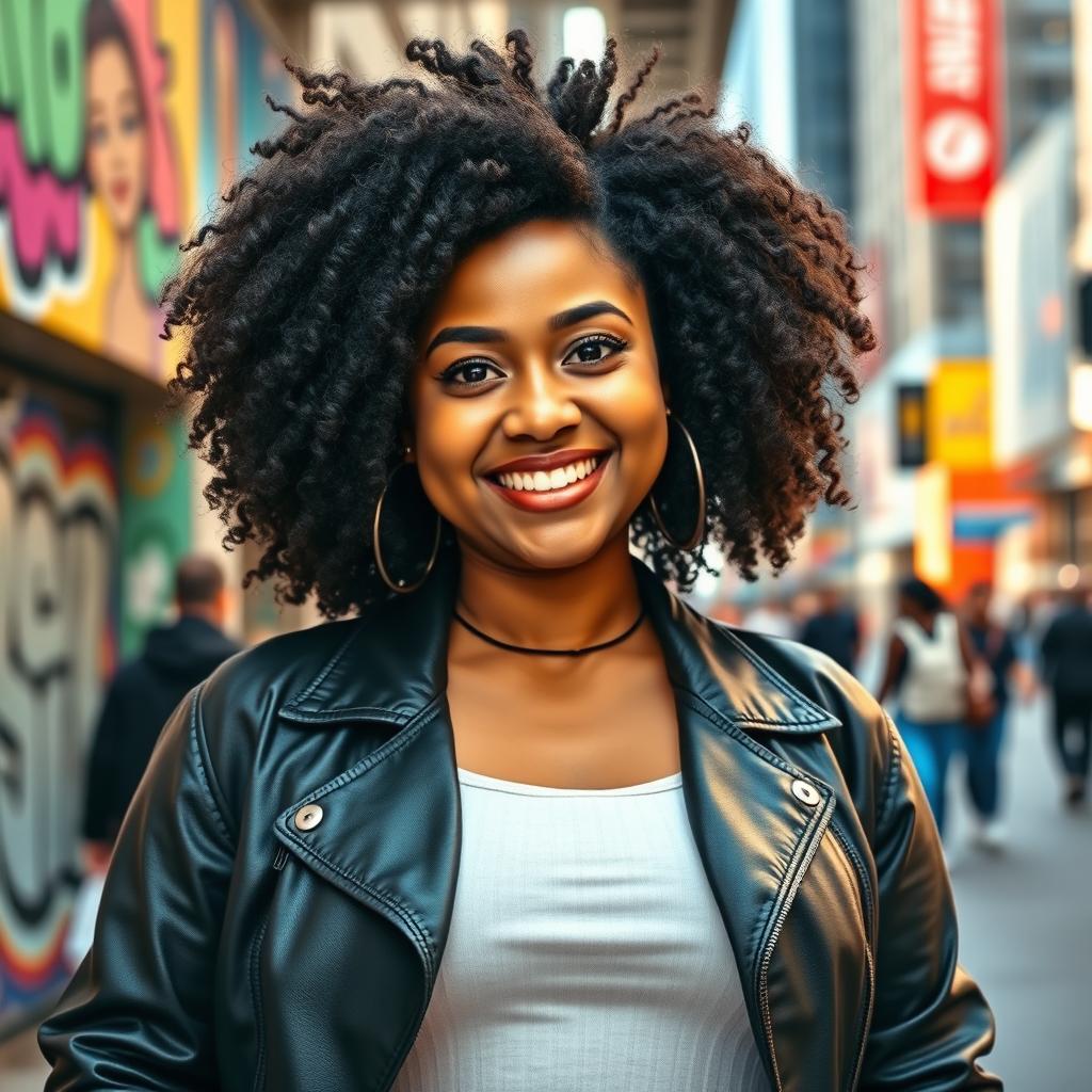 A confident, thick girl in a stylish urban outfit, standing in a vibrant city street