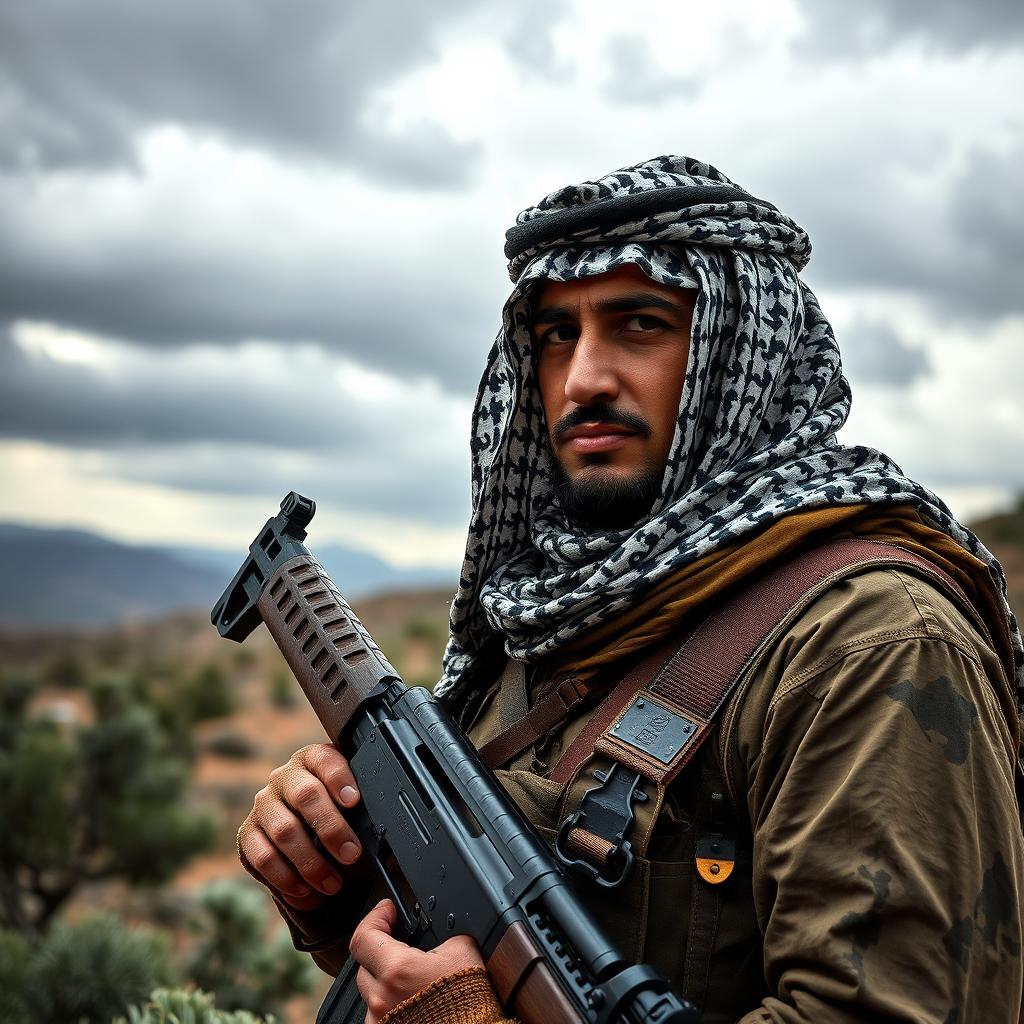 Symbol of Resistance: Palestinian Fighter in Rugged Landscape