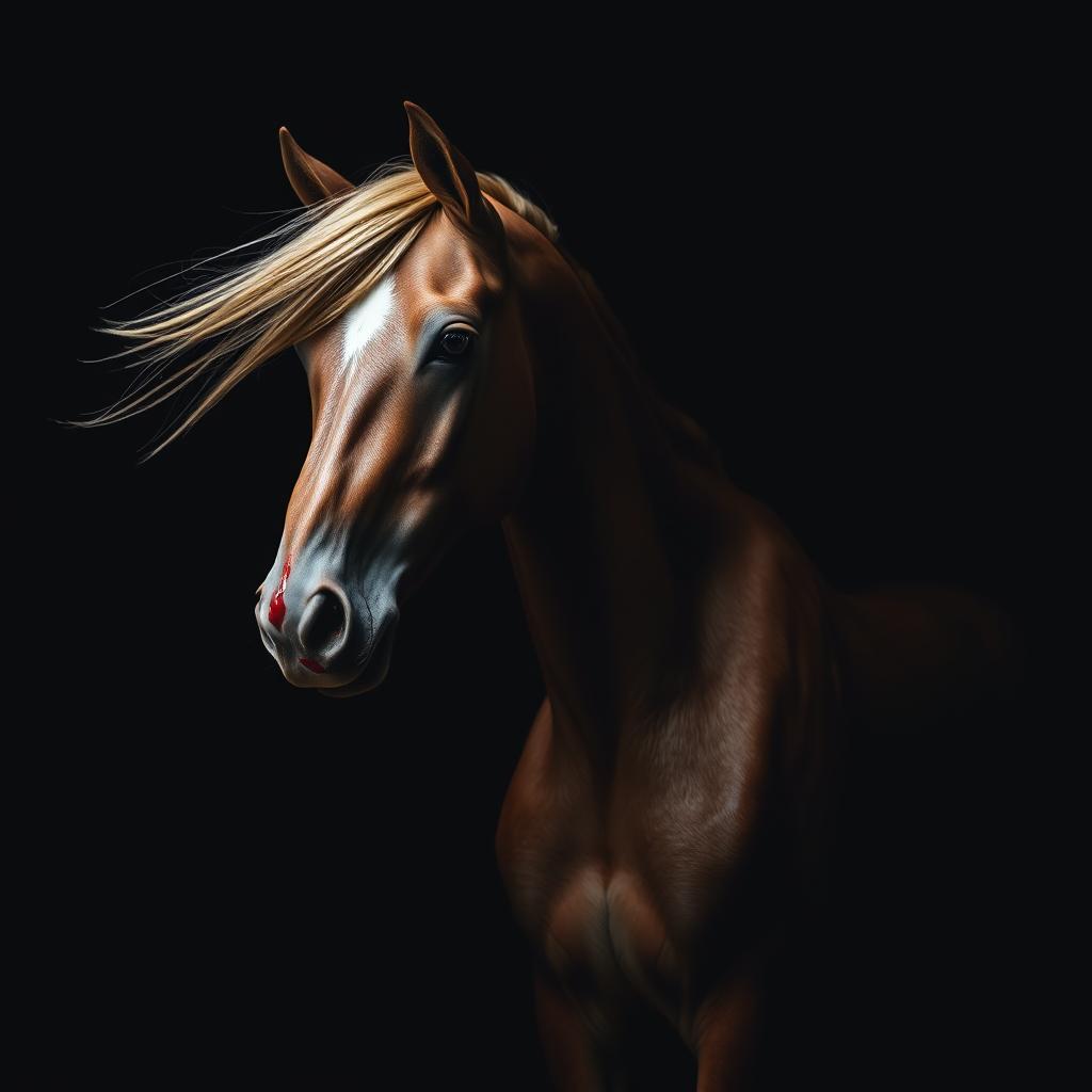 A slender horse, elegantly posed, with blood vividly contrasting against a stark black background