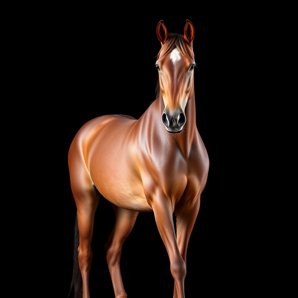 A slender horse with a glossy coat, standing majestically against a solid black background