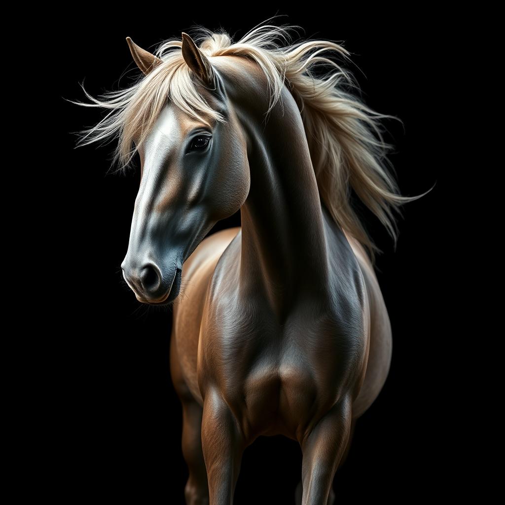 A majestic, slender horse with a flowing mane and an intense gaze, its coat shining with a hint of blood on its body, set against a striking black background that enhances its features and evokes a sense of mystery and elegance