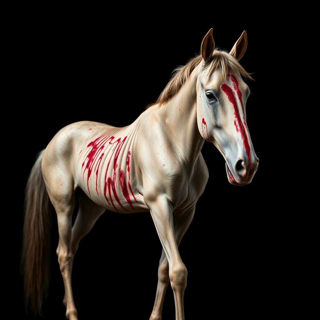 A detailed, dramatic image of a thin, bloodstained horse standing against a black background