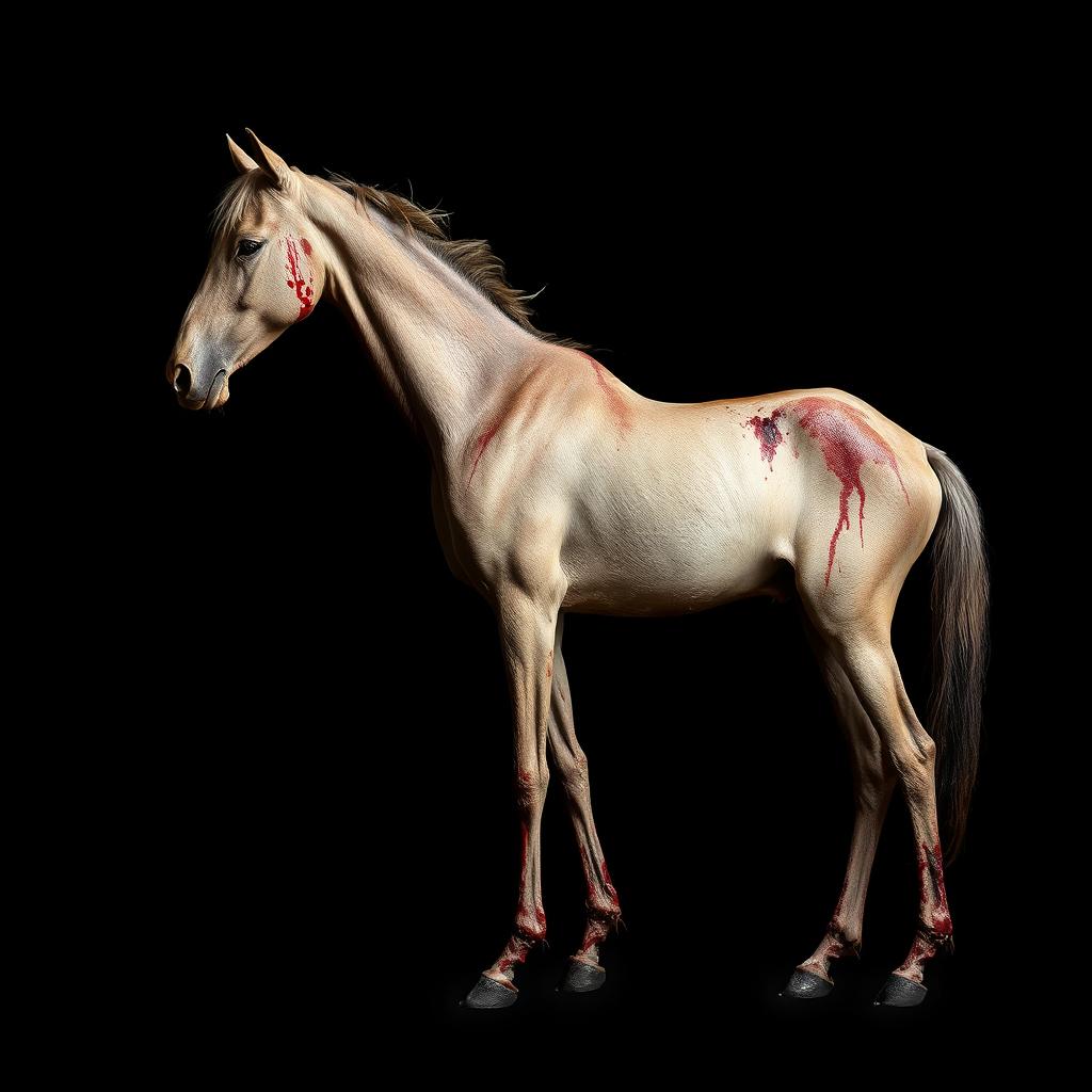 A slender, bloodied horse against a black background, showcasing its gaunt figure