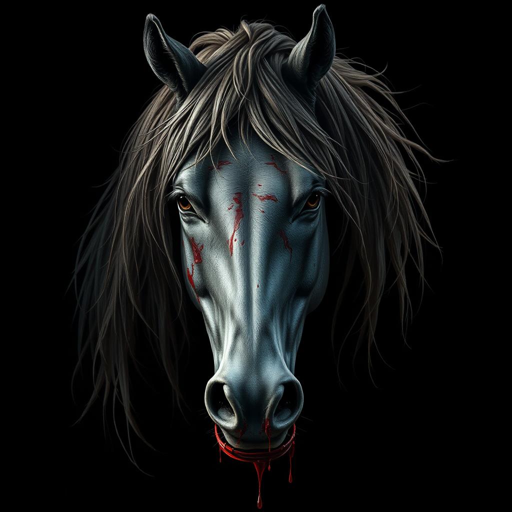 A detailed and dramatic depiction of a horse's head, bloody and haunting, set against a stark black background