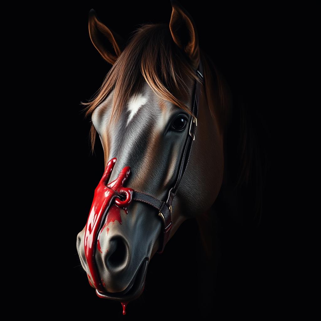 A dramatic and intense image of a bloody horse's head (tête cheval ensanglanté), prominently displayed against a deep black background